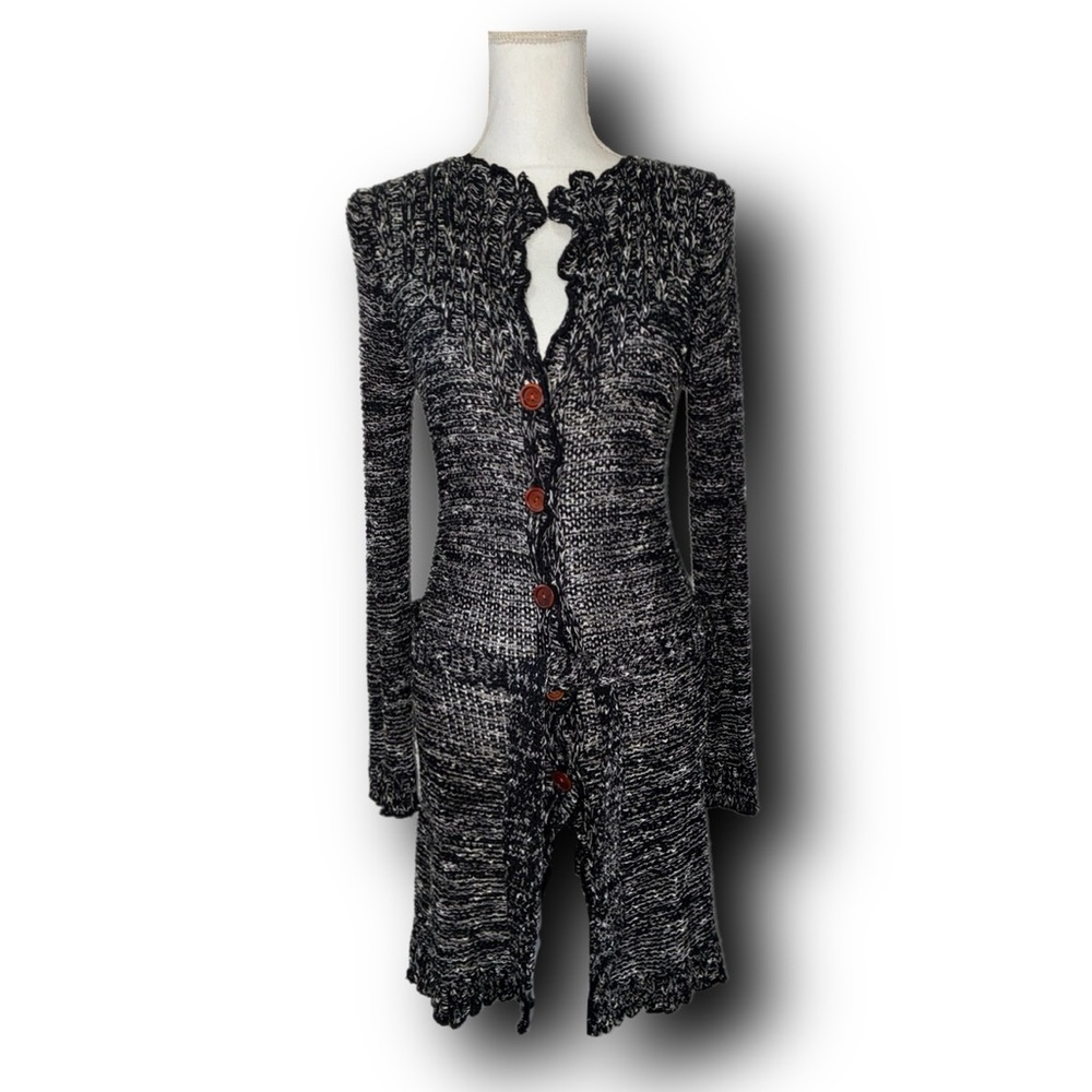 90s Vintage BCBGMaxAzria Charcoal & White Marled Knit Button-Up Duster Boho Fall